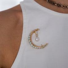Load image into Gallery viewer, Vintage 9K Yellow Gold Opal, Diamond and Pearl Crescent Brooch