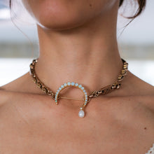 Load image into Gallery viewer, Vintage 9K Yellow Gold Opal, Diamond and Pearl Crescent Brooch