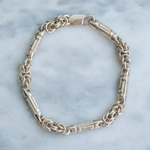 Load image into Gallery viewer, Vintage Silver 8 inch Byzantine Link and Greek Key Bar Link Bracelet