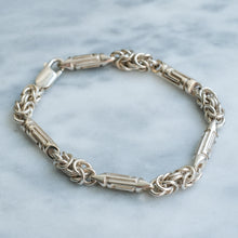 Load image into Gallery viewer, Vintage Silver 8 inch Byzantine Link and Greek Key Bar Link Bracelet