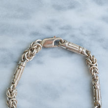 Load image into Gallery viewer, Vintage Silver 8 inch Byzantine Link and Greek Key Bar Link Bracelet