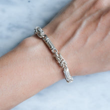 Load image into Gallery viewer, Vintage Silver 8 inch Byzantine Link and Greek Key Bar Link Bracelet
