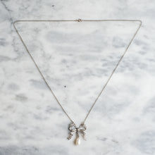 Load image into Gallery viewer, Vintage Cultured Pearl drop with Diamond Ribbon Bow Pendant Necklace