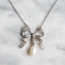 Load image into Gallery viewer, Vintage Cultured Pearl drop with Diamond Ribbon Bow Pendant Necklace