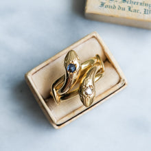 Load image into Gallery viewer, Antique French Toi et Moi Diamond and Sapphire Snake Ring