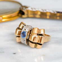 Load image into Gallery viewer, Art Deco Retro era 1940s Burmese Sapphire Diamond Bow Tank Ring