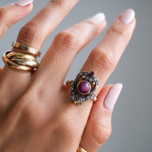 Load image into Gallery viewer, Antique 14K Yellow Gold & Silver Star Ruby Diamond Ring