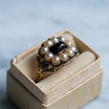 Load image into Gallery viewer, Antique Georgian Enamel, Onyx and Pearl Cluster Memorial Ring