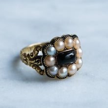 Load image into Gallery viewer, Antique Georgian Enamel, Onyx and Pearl Cluster Memorial Ring