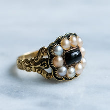 Load image into Gallery viewer, Antique Georgian Enamel, Onyx and Pearl Cluster Memorial Ring