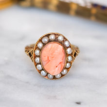 Load image into Gallery viewer, Vintage Retro Coral Seed Pearl Halo Cameo Ring