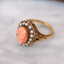 Load image into Gallery viewer, Vintage Retro Coral Seed Pearl Halo Cameo Ring