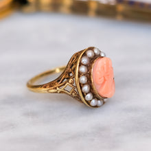 Load image into Gallery viewer, Vintage Retro Coral Seed Pearl Halo Cameo Ring
