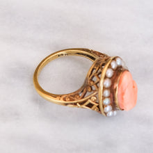 Load image into Gallery viewer, Vintage Retro Coral Seed Pearl Halo Cameo Ring