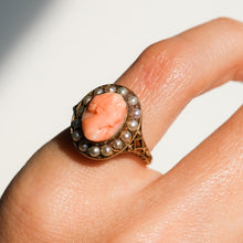 Load image into Gallery viewer, Vintage Retro Coral Seed Pearl Halo Cameo Ring