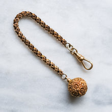 Load image into Gallery viewer, Victorian 15K Rose Gold Star Pierced Link Watch Chain with Repousse Floral Ball Fob