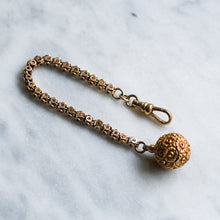 Load image into Gallery viewer, Victorian 15K Rose Gold Star Pierced Link Watch Chain with Repousse Floral Ball Fob