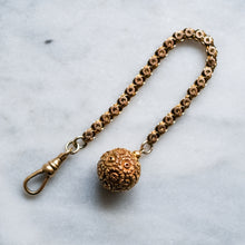 Load image into Gallery viewer, Victorian 15K Rose Gold Star Pierced Link Watch Chain with Repousse Floral Ball Fob