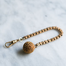 Load image into Gallery viewer, Victorian 15K Rose Gold Star Pierced Link Watch Chain with Repousse Floral Ball Fob