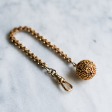 Load image into Gallery viewer, Victorian 15K Rose Gold Star Pierced Link Watch Chain with Repousse Floral Ball Fob