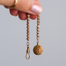 Load image into Gallery viewer, Victorian 15K Rose Gold Star Pierced Link Watch Chain with Repousse Floral Ball Fob