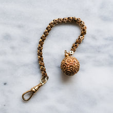 Load image into Gallery viewer, Victorian 15K Rose Gold Star Pierced Link Watch Chain with Repousse Floral Ball Fob