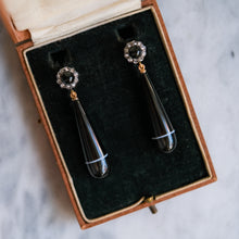 Load image into Gallery viewer, Victorian 18k Gold Onyx Rose-Cut Diamond Cluster with Banded Agate Teardrop Earrings