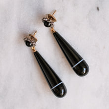 Load image into Gallery viewer, Victorian 18k Gold Onyx Rose-Cut Diamond Cluster with Banded Agate Teardrop Earrings