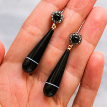 Load image into Gallery viewer, Victorian 18k Gold Onyx Rose-Cut Diamond Cluster with Banded Agate Teardrop Earrings