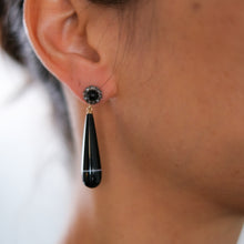 Load image into Gallery viewer, Victorian 18k Gold Onyx Rose-Cut Diamond Cluster with Banded Agate Teardrop Earrings