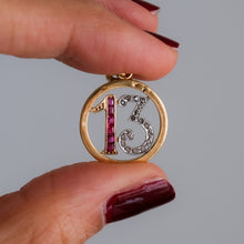 Load image into Gallery viewer, Art Deco 18K Yellow Gold and Platinum French Ruby and Diamond Lucky 13 Pendant