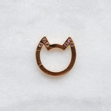 Load image into Gallery viewer, 18K Yellow Gold Eye of the Cat Connector with Gemstone Amethyst Ear Tips
