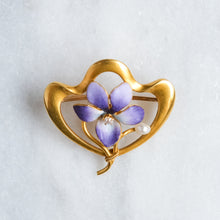 Load image into Gallery viewer, Art Nouveau 14K Yellow Gold Enamel Pearl and Diamond Floral Violet Brooch by Krementz