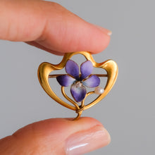Load image into Gallery viewer, Art Nouveau 14K Yellow Gold Enamel Pearl and Diamond Floral Violet Brooch by Krementz