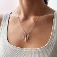 Load image into Gallery viewer, Vintage Cultured Pearl drop with Diamond Ribbon Bow Pendant Necklace