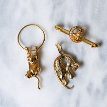 Load image into Gallery viewer, Victorian 14K Yellow Gold Owl with Demantoid Eyes and Seed Pearl Crescent Moon Brooch