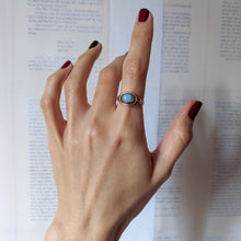 Load image into Gallery viewer, 14K Yellow Gold Amber & Pectolite (Larimar) Flip Ring Size US 7 / UK N.5