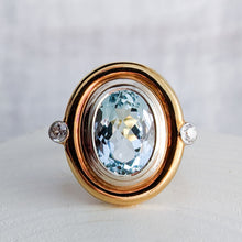 Load image into Gallery viewer, 14K Two-Tone Gold 5.5 ct Aquamarine + Old Brilliant Cut Diamond Ring