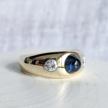 Load image into Gallery viewer, 14K Yellow Gold Flush Set Sapphire and Diamond Ring Size UK Q / US 8.25