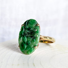 Load image into Gallery viewer, Art Deco 18K Yellow Gold Hand Carved Jade Ring US 8.75 / UK R