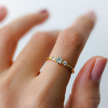 Load image into Gallery viewer, 18K Yellow Gold Aquamarine and Sapphire Trilogy Ring Size US 6.5 / UK M.5