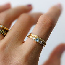 Load image into Gallery viewer, 18K Yellow Gold Aquamarine and Sapphire Trilogy Ring Size US 6.5 / UK M.5