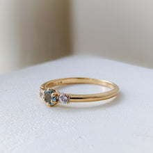 Load image into Gallery viewer, 18K Yellow Gold Aquamarine and Sapphire Trilogy Ring Size US 6.5 / UK M.5