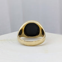 Load image into Gallery viewer, 14K Yellow Gold Carved Deer and Fir Tree Blue Agate Signet Ring Size US 10.25 / UK U