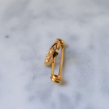 Load image into Gallery viewer, Victorian 14K Yellow Gold Owl with Demantoid Eyes and Seed Pearl Crescent Moon Brooch