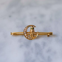 Load image into Gallery viewer, Victorian 14K Yellow Gold Owl with Demantoid Eyes and Seed Pearl Crescent Moon Brooch