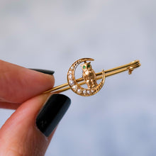 Load image into Gallery viewer, Victorian 14K Yellow Gold Owl with Demantoid Eyes and Seed Pearl Crescent Moon Brooch