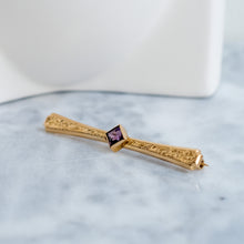 Load image into Gallery viewer, Edwardian 10K Rose Gold Purple Garnet Bar Brooch