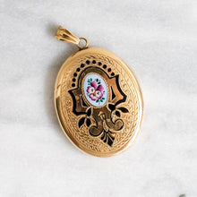 Load image into Gallery viewer, Antique 14K Yellow Gold Enamel Pansy Flower Engine-Turned Locket
