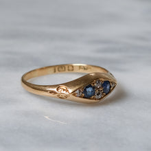 Load image into Gallery viewer, Antique 18K Yellow Gold Sapphire and Diamond Boat Shaped Ring